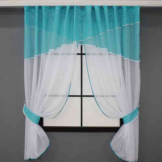 Кухонные шторы VR-Textil № 091к с ламбрекеном и подвязками лазурный с белым 280х170 см (50-374) Киев