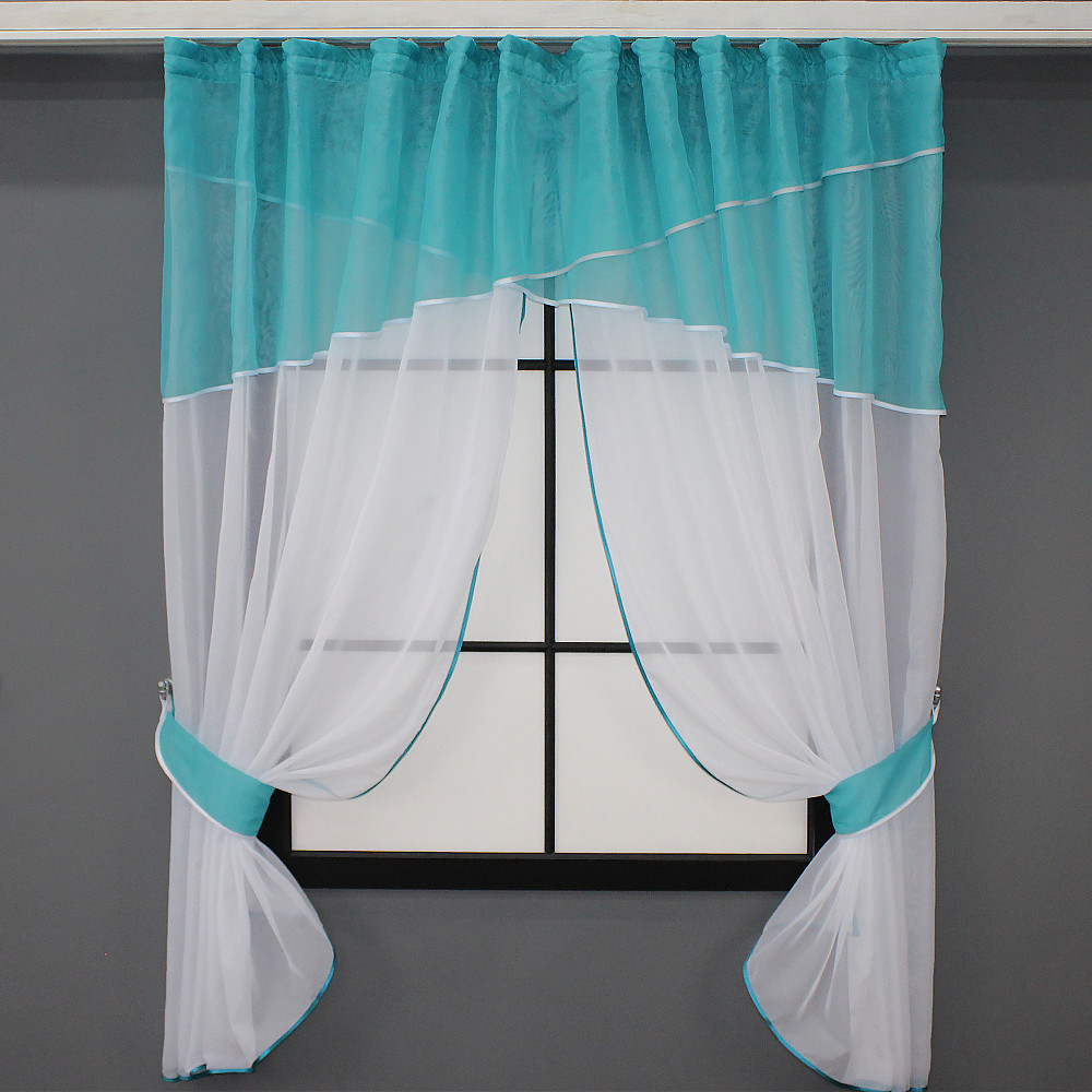 Кухонные шторы VR-Textil № 091к с ламбрекеном и подвязками лазурный с белым 280х170 см (50-374) Киев - изображение 1