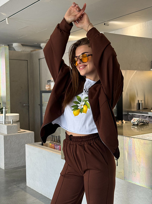 Жіночий трикотажний костюм оверсайз з широкими штанами Коричневий XL-2Xl Харків - фото 6