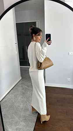 Женский теплый элегантный костюм двойка: кофта + юбка миди плотная двойная ангора Молочный, 46/48 Одесса