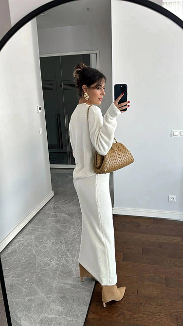 Жіночий теплий елегантний костюм: кофта + спідниця міді щільна подвійна ангора Молочний, 46/48 Одеса - фото 3