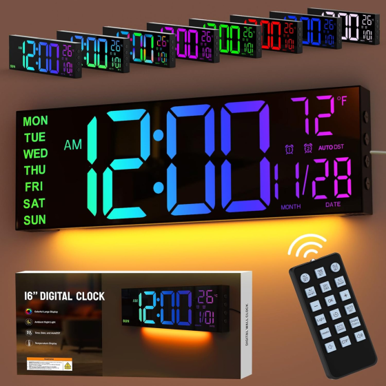 Уцінка! Цифровий настінний годинник GOLOZA 16″ LED, 8 кольорів, 2 будильники, нічник, регулювання яскравості, чорний Київ