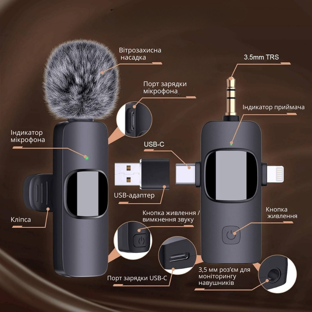 Микрофоны беспроводные петличные с шумоподавлением ONELEADER K15,подключение разъёмы 3в1 Type C, 3.5mm Headphone,Lightning Каменец-Подольский - изображение 7