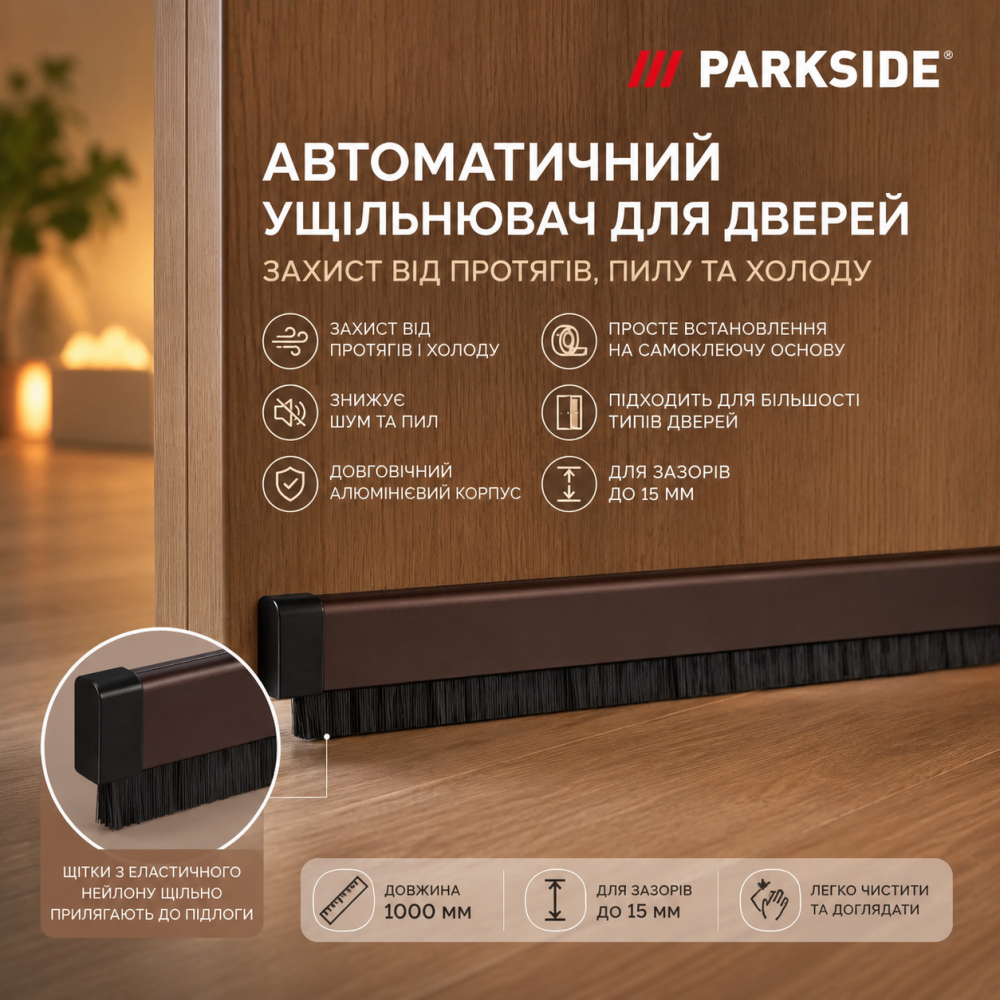 Автоматический уплотнитель для нижней части двери Parkside, 1000 мм, самоклеящийся, алюминиевый, защита от сквозняков Киев - изображение 4