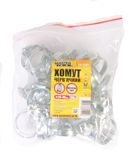 MASTERTOOL Хомут черв'ячний MASTERTOOL American type W1 8.0 мм Ø 25-40 мм 50 шт 20-1907 Коломия - фото 4