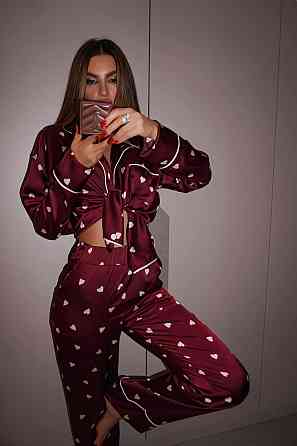 Женская пижама двойка с сердечками из шелка армани Бордовый, 44/46 Одесса