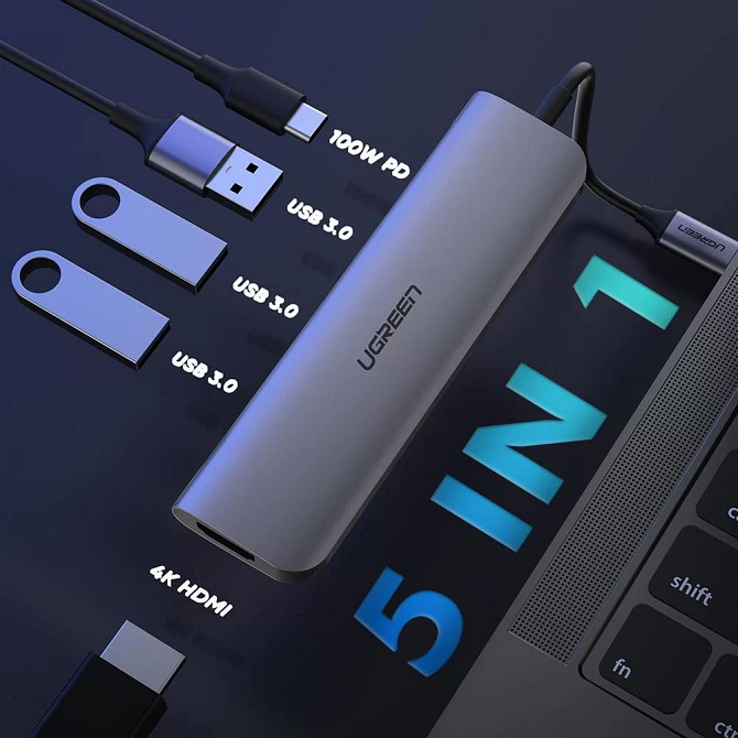 Багатопортовий хаб Ugreen CM136 5-in-1 HUB Adapter 50209 (Сірий, Type-C to 3xUSB 3.0/PD/4K HDMI) Николаев - изображение 3