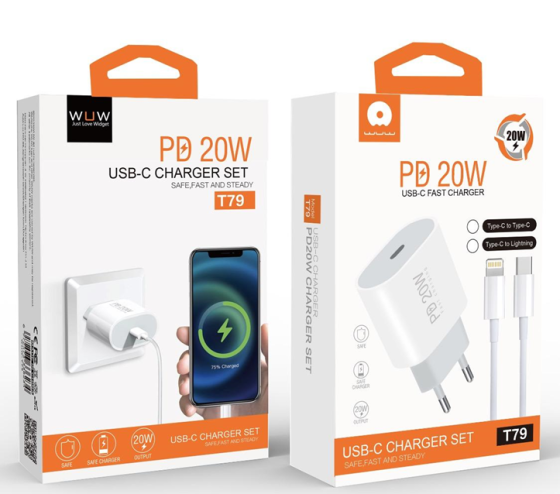 Мережевий зарядний пристрій з кабелем WUW-T79L PD 20W USB C charger with type c to lightning cable Одеса
