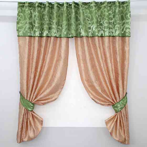 Кухонные шторы VR-Textil № 073к с ламбрекеном и подхватами персиковый с салатовым 270х170 см (52-0178) Киев