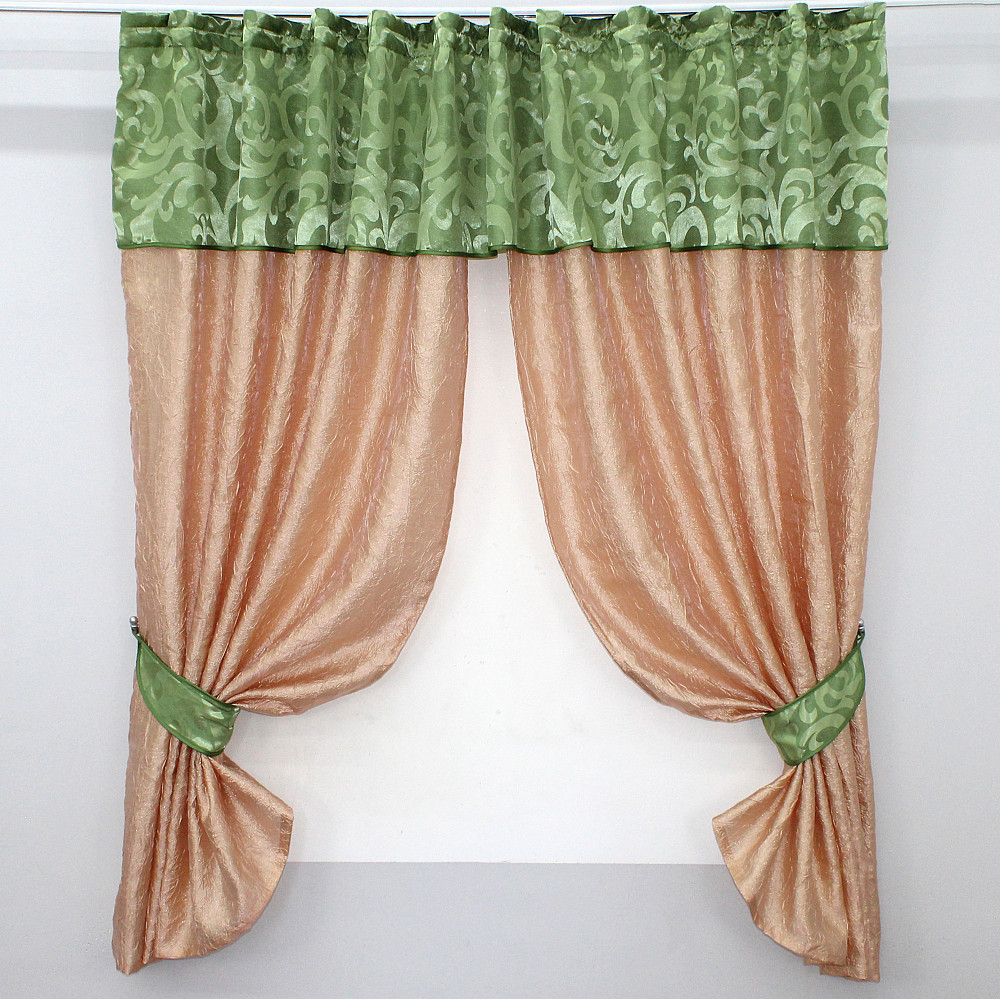 Кухонные шторы VR-Textil № 073к с ламбрекеном и подхватами персиковый с салатовым 270х170 см (52-0178) Киев - изображение 1