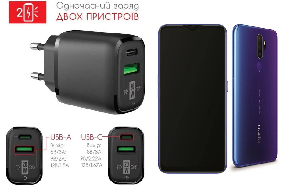 Сетевое зарядное устройство для Oppo A9 2020, 20W 3A, Quick Charge 3.0 Киев - изображение 1