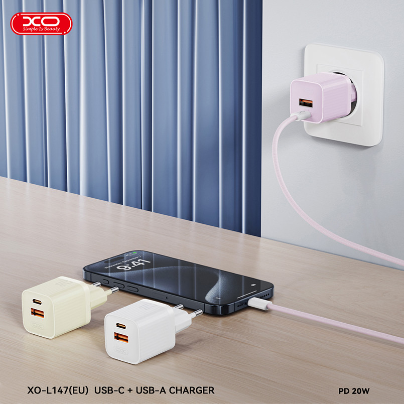 Мережевий зарядний пристрій XO L147 PD20W 1USB-A+1USB-C Type-C кабель білий Львів - фото 3