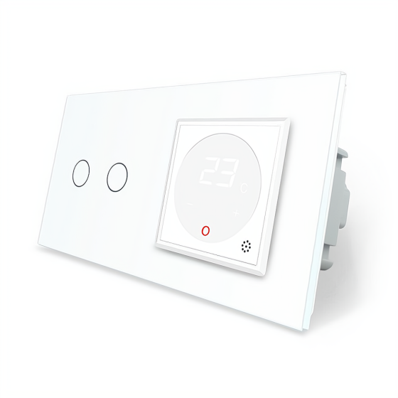 Комбінований терморегулятор (термостат) програмований для електричної теплої підлоги та 2-сенсорний вимикач LIVOLO, білий скляний, в одній рамці (VL-C Коломия
