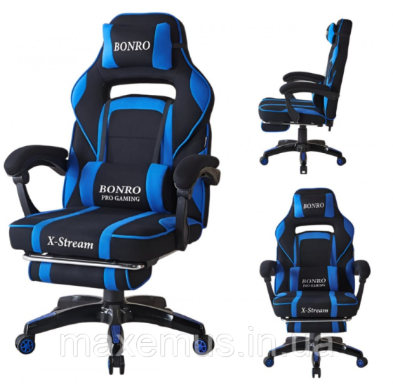 Компьютерное кресло для геймера из ткани с подставкой для ног и регулировкой спинки B-141 черно-синее Мостиска