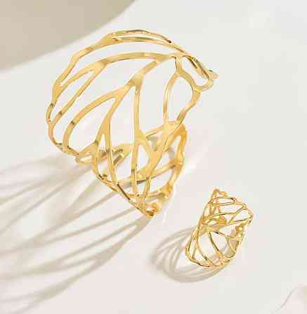 Набор золотистый браслет-манжета и кольцо с узором листья Киев