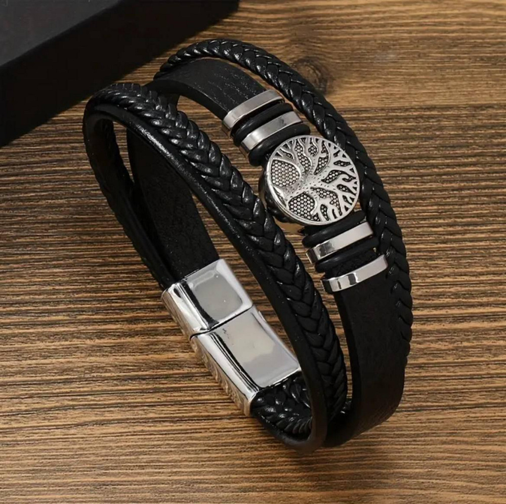 Мужской браслет чёрный с символом Дерево жизни – кожаный многорядный аксессуар Киев - изображение 1