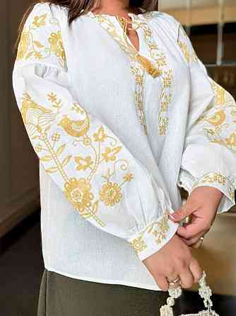 Женская праздничная вышиванка батал с золотой вышивкой 80% хлопок, 20% полиэстер Одесса