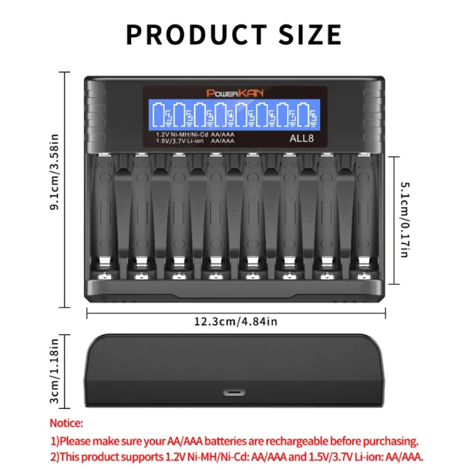 Зарядний пристрій універсальний PowerCAN ALL8 LCD Type-C для акумуляторів (Li-ion NiMH Ni-CD) AA AAA 14500 (на 8 каналів) Київ - фото 3