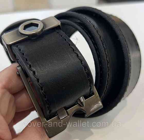 Модный мужской ремень из натуральной кожи с оригинальной пряжкой на две спицы 40 мм PS Leather (черный) Киев