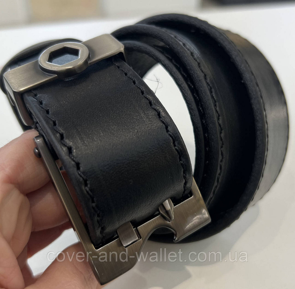 Модний чоловічий ремінь з натуральної шкіри з оригінальною пряжкою на дві спиці 40 мм PS Leather (чорний) Київ - фото 2