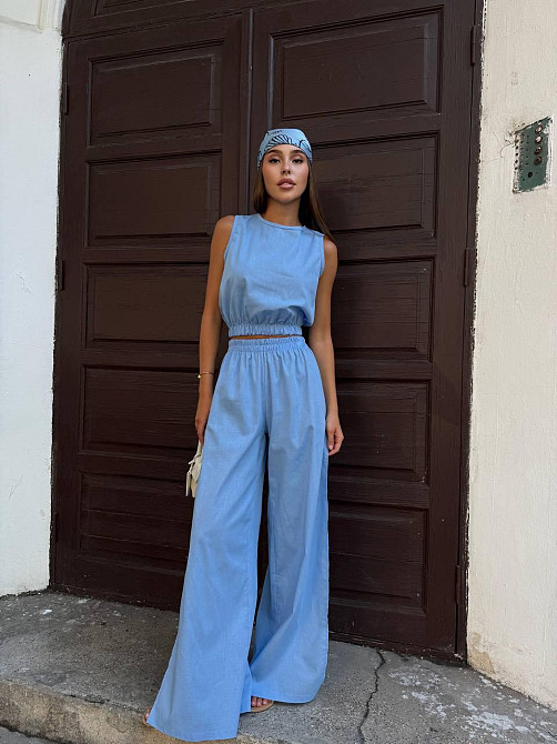 Женский стильный летний прогулочный костюм стрейч лён Голубой Одесса - изображение 1