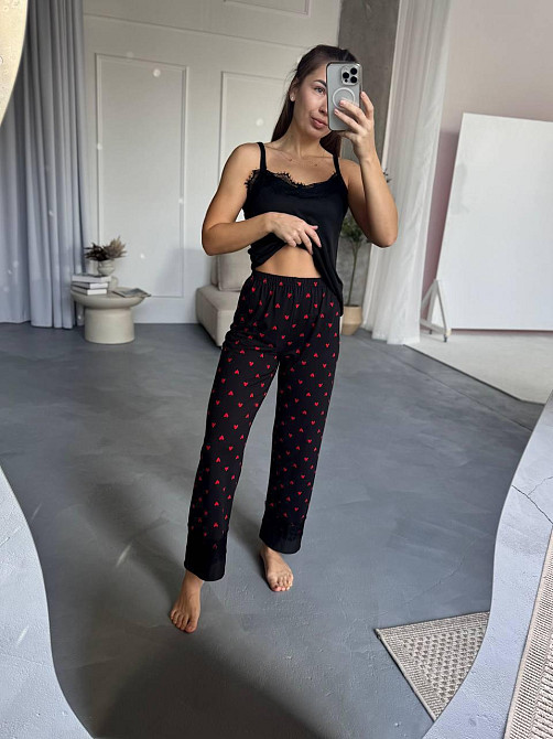 Жіночий домашній комплект: штани + майка + шорти + халат котон Чорний, 46/48 Одеса - фото 2