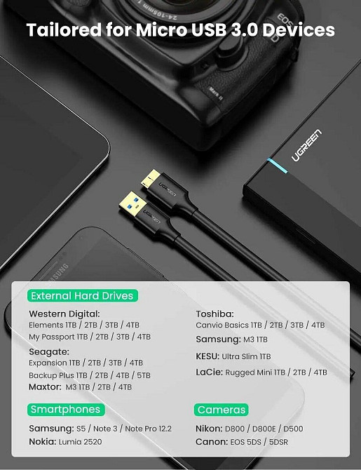 Кабель UGREEN US130 USB 3.0 A Male to Micro USB 3.0 Male Cable 2m (Black)(UGR-10843) UGR-10843 Одесса - изображение 7