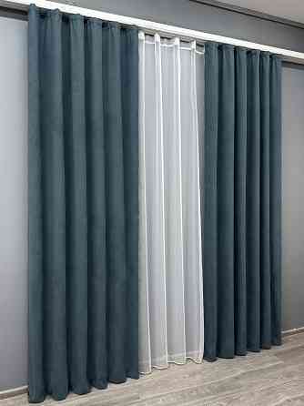 Комплект штор VR-Textil Мікровелюр Petek 200х270 2шт і Тюль 500х270 1489ш-1153т Сіро-блакитний з білим 71-033/6 Київ