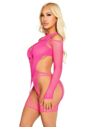 Бодістокінг Leg Avenue Fishnet Garter Harness and Teddy One Size Neon Pink Львів