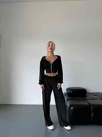 Жіночий стильний прогулянковий костюм-двійка: кофта та штани велюр-плюш Чорний, 42/46 Одеса