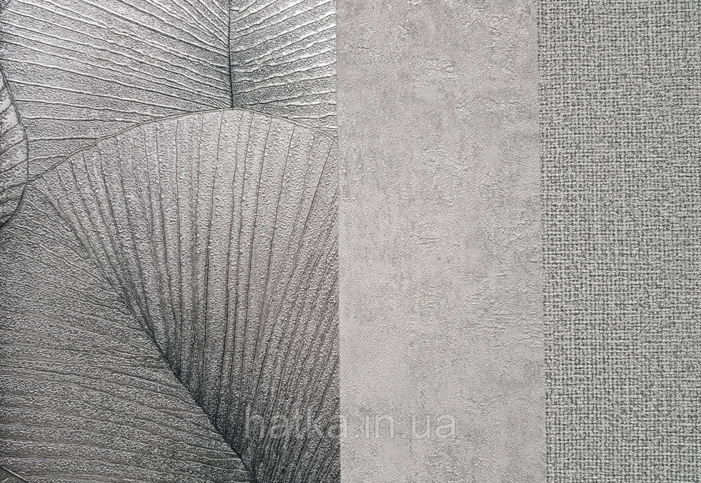 Шпалери вінілові на флізеліні Marburg Kumano 1.06х10 листя металік сіре чорне зі сріблястим 3д лофт 34564 Київ - фото 2