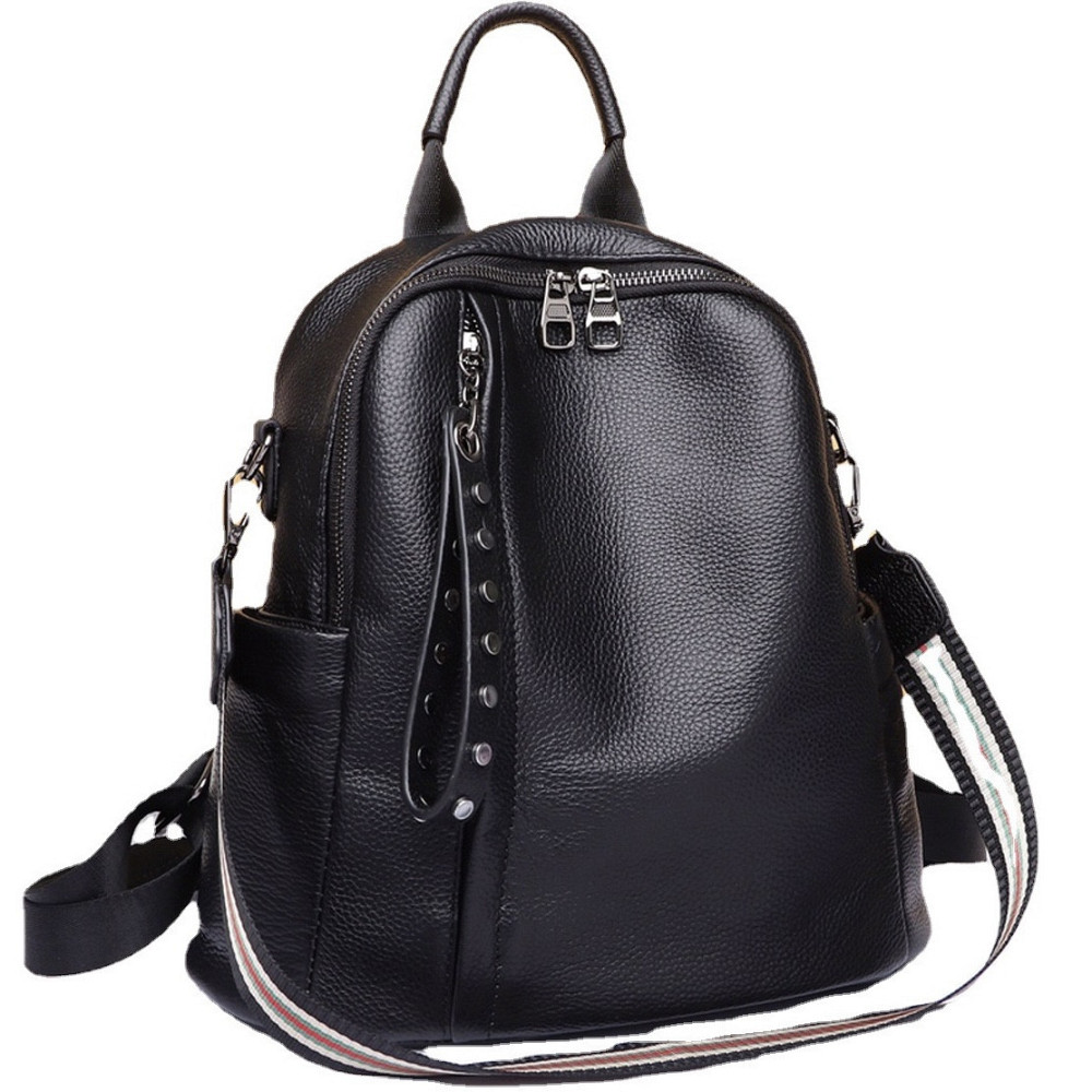 Шкіряний класичний жіночий рюкзак 26х32х15, наплічна сумка з багатьма відділеннями, чорна Кам'янське - фото 1