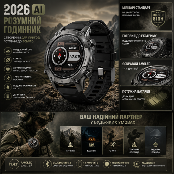 Тактические смарт-часы 2026 AI Mil-Spec: GPS, Офлайн-карты, Искусственный интеллект GPT, 5ATM, Компас, Барометр — Stealth Black Киев