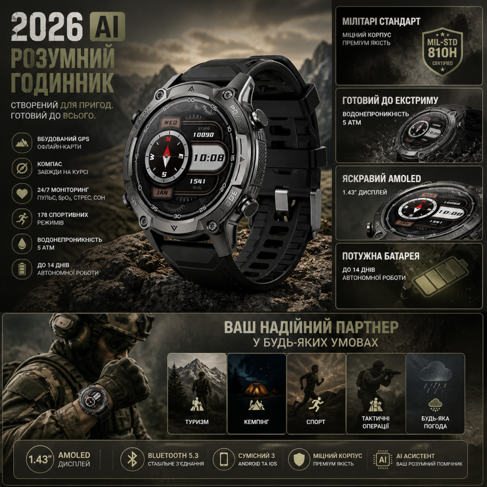 Тактические смарт-часы 2026 AI Mil-Spec: GPS, Офлайн-карты, Искусственный интеллект GPT, 5ATM, Компас, Барометр — Stealth Black Киев - изображение 2