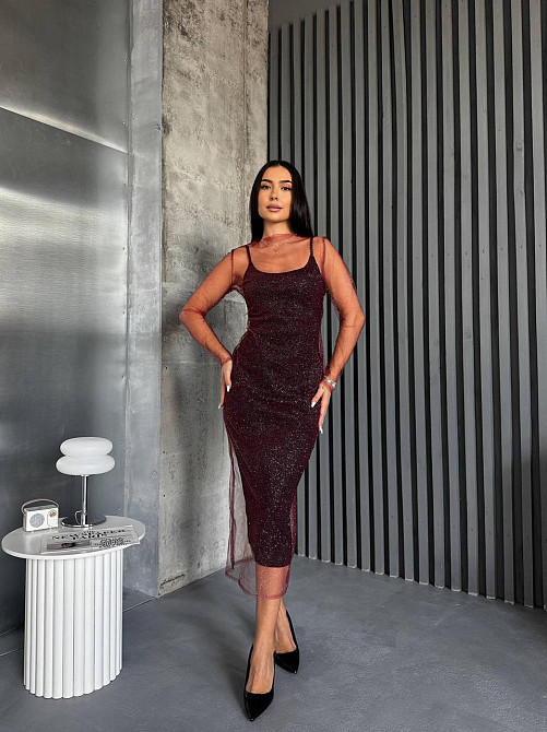 Женская элегантная вечерняя миди-платье вискоза и сетка молния Бордовый, 42/44 Одесса - изображение 7