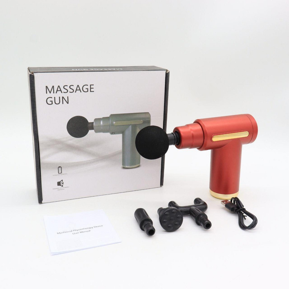 Перкуссионный массажер с 4 насадками Gun Massager, Красный / Ручной массажер / Массажер для тела Киев - изображение 9