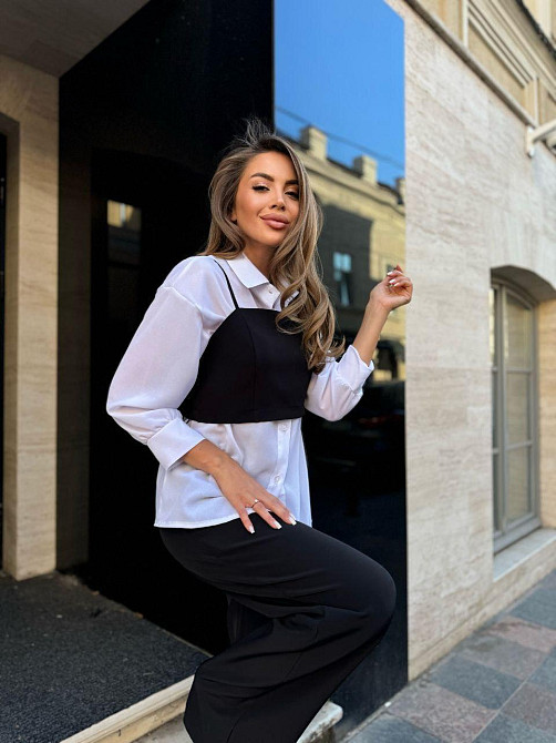 Женский брючный костюм тройка: рубашка, топ и штаны костюмка + шифон 50/52 Одесса - изображение 3