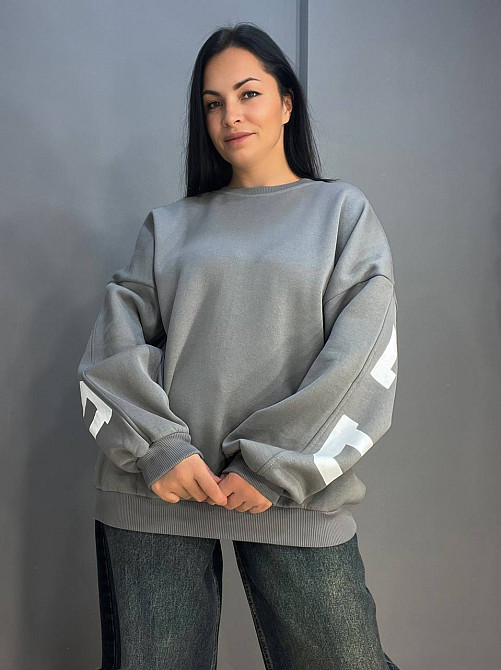 Світшот жіночий DAVRAS 6000 оверсайз подовжений напис на спині PLEASED утеплений на флісі one size, сірий, one size Київ - фото 1