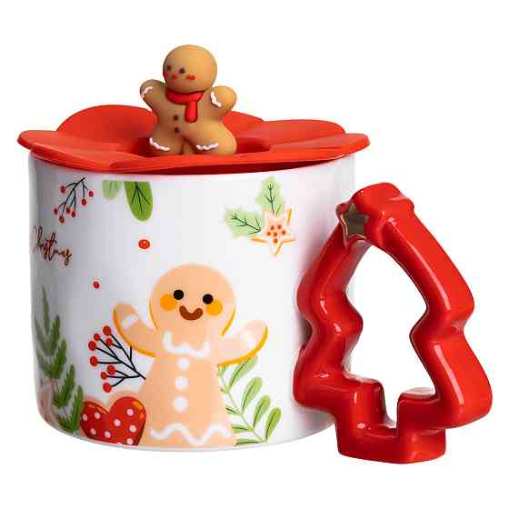 Yiwu Новорічна порцелянова чашка «Пряниковий Чоловічок» з кришкою 400 мл Yiwu FM-CS-18A Коломия