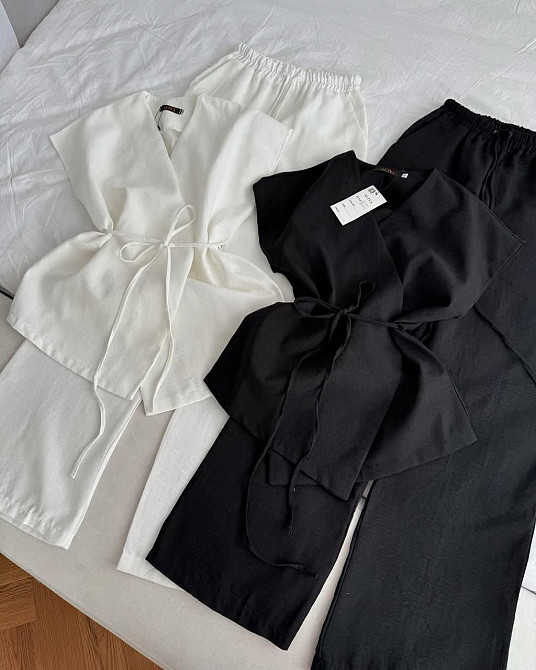 Женский летний брючный костюм двойка: рубашка-кимоно и брючины лен бохо Черный Одесса - изображение 1