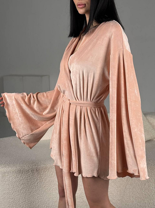 Женский домашний велюровый мини халат плюш велюр Персик, Oversize 42/46 Одесса - изображение 3