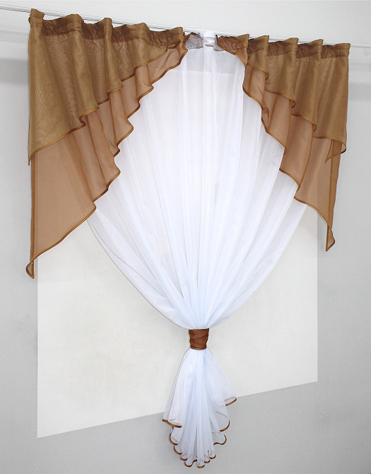 Кухонная занавеска VR-Textil № 114к ламбрекен и тюль коричневый с белым 280х170 см (52-0595) Киев - изображение 2