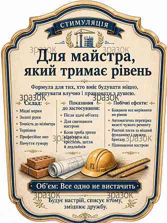 Комплект етикеток на пляшку «Для найкращого прораба» — подарунок виконробу та будівельнику з гумором Одеса