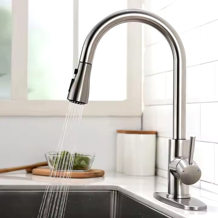 Змішувач для кухні латунний з гнучким висувним шлангом з нержавіючої сталі з матовим нікелевим покриттям Кам'янець-Подільський - фото 2