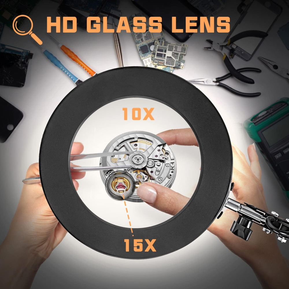 Настільна лампа-лупа 10×/15× з підсвічуванням, 72 LED, 3 кольори, 10 рівнів яскравості, скляна лінза 4,2", USB Київ - фото 7