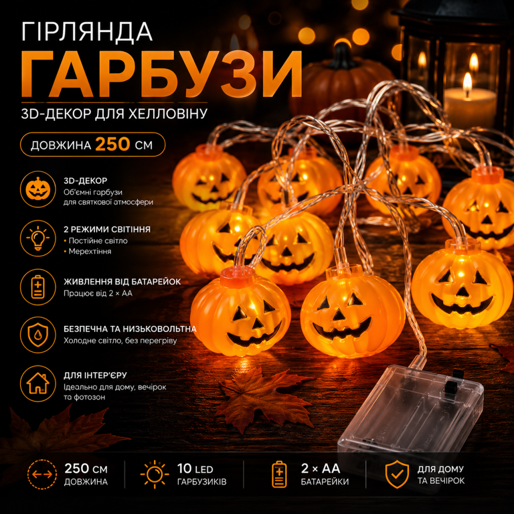 Гірлянда «Гарбузи» на Хелловін (250 см) — 3D-декор, 2 режими, живлення від батарейок Київ - фото 9