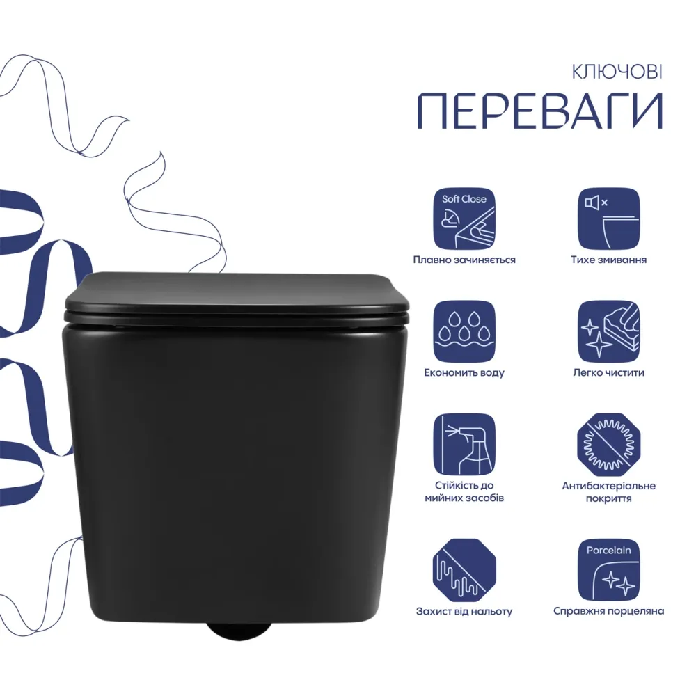 Унітаз підвісний Qtap Crow Ultra Quiet 485×340×290 мм, Matt Black, із сидінням Slim Duroplast/Soft-close/ Quick Release Київ - фото 12