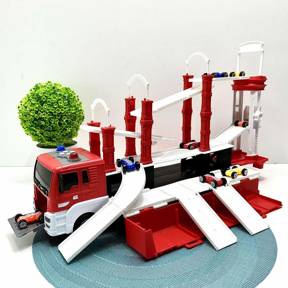 Трейлер ігровий гараж 2в1 інерційний з машинками звук світло поліція Червоний (660-S17-18) Чернігів - фото 8