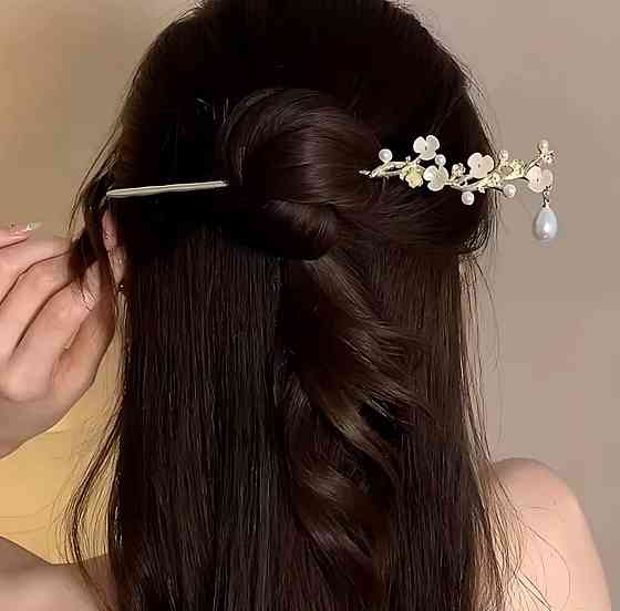 Шпилька для волос с цветами и жемчугом, декоративная палочка для прически 18 см Киев