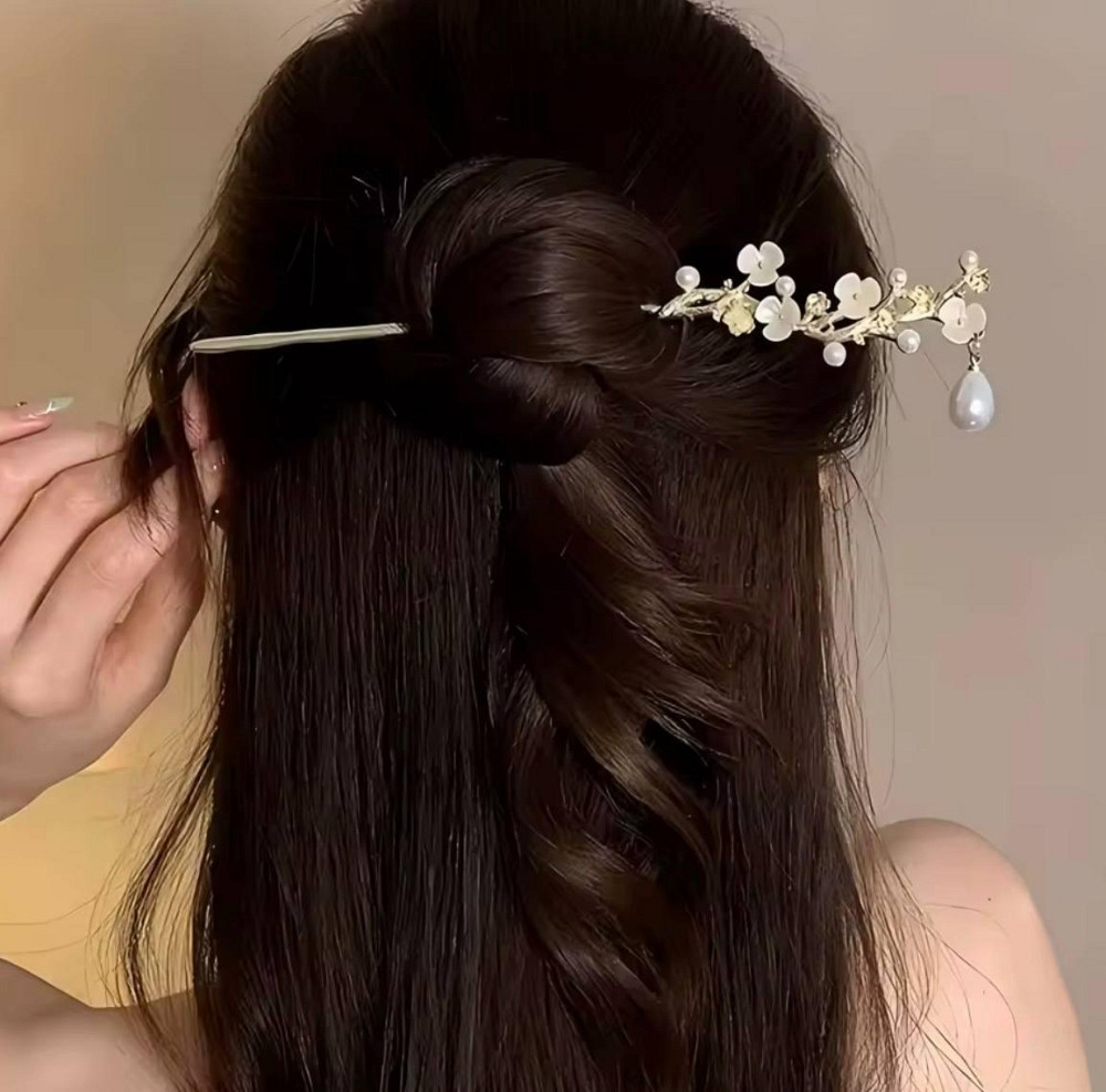 Шпилька для волосся з квітами та перлинами, декоративна паличка для зачіски 18 см Київ - фото 2